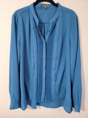 Adrianna Papell Blue Pintuck Button-Front Blouse